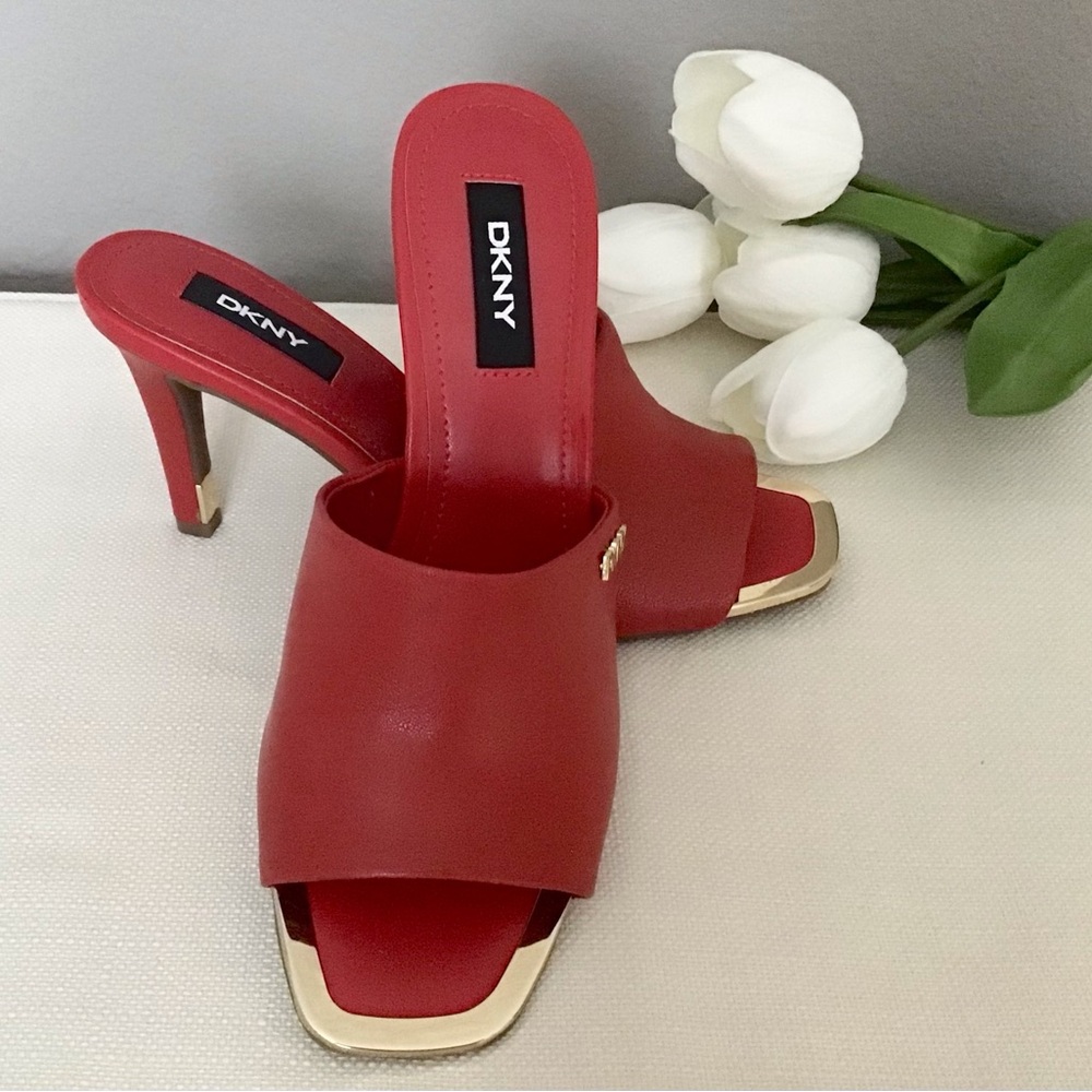 Elegant Red leather with gold accents DKNY heeled open toe shoe - size 6.5